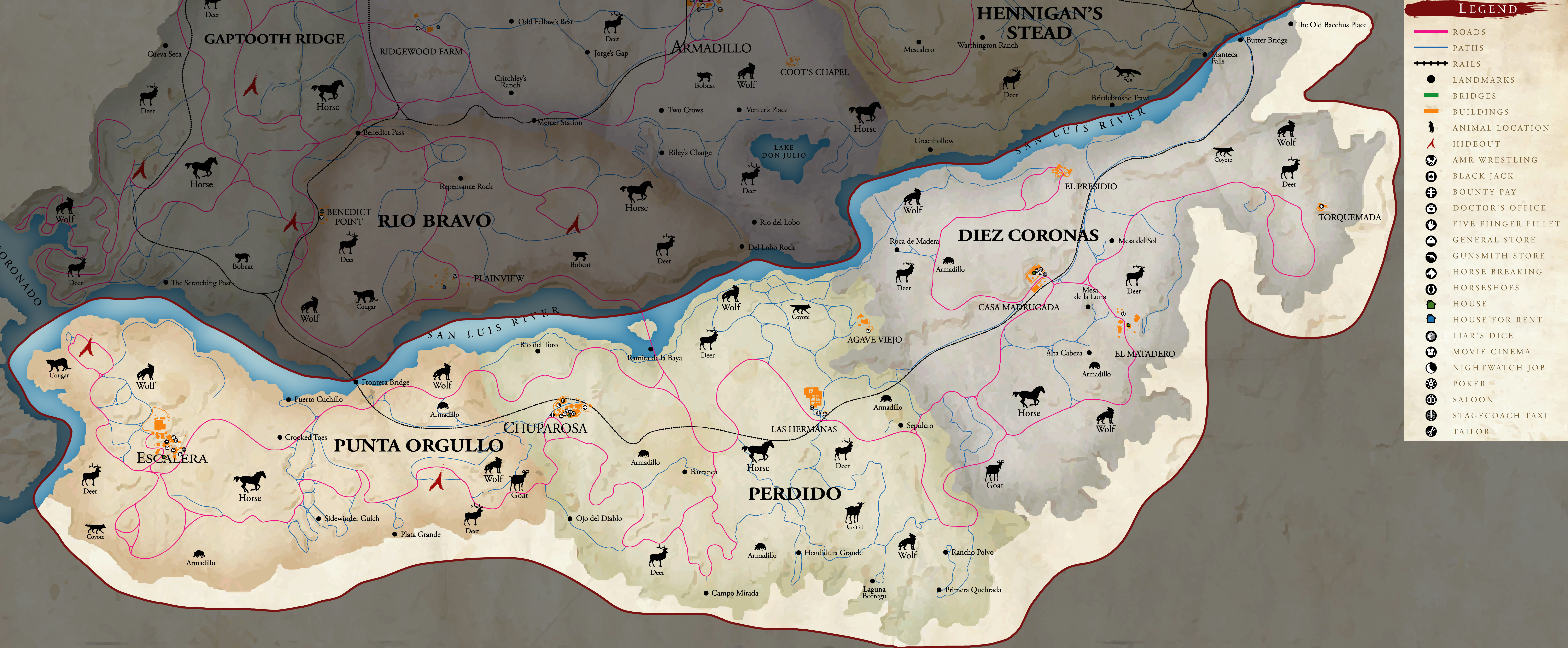 Large detailed map of Red Dead Redemption World, Games