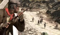 Gallaway watches the Marshal and his posse approach Tumbleweed during "Hanging Bonnie MacFarlane" from the roof of the church.