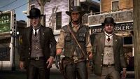 John Marston getting escorted by Archer Fordham (left) And Edgar Ross (right).