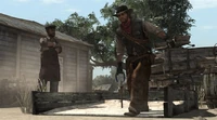 John Marston in a friendly game of Horseshoes wearing the Bollard Twins Outfit.