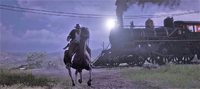 Arthur Morgan riding past one of the trains in Red Dead Redemption 2.