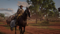 A well dressed Arthur on his horse, riding out of Rhodes.