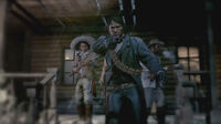 From left to right: Javier Escuella, Dutch (behind Marston), John Marston, and Bill Williamson