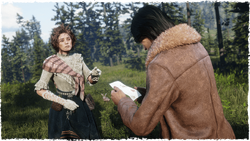 Harriet giving a pamphlet to Online Protagonist