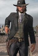 Fashionably dressed John Marston holstering his revolver after a battle.