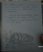 Arthur's drawing: "Found the remains of some poor bastard woman tried to go over a waterfall in a barrel. Found it interesting, sad, I guess. An even more ridiculous life than the one I lead."