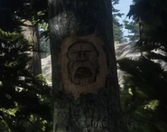 One of the five faces that are carved into the trees.