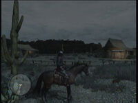 John Marston riding horseback at Venter's Place.