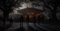 The Van der Linde gang marching towards the manor