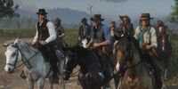 (From left to right) Dutch van der Linde, Bill Williamson, Javier Escuella, Arthur Morgan, Unknown, Micah Bell, Sadie Adler, Unknown