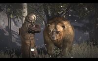 John about to shoot Brumas the Bear while wearing the Expert Hunter Outfit.