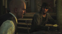 Müller: "There's no mistake! Your Yankee friend is a fucking cheat!" Marston: "Easy there, Germany, calm yourself down."