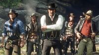 (From left to right) Arthur Morgan, John Marston, Dutch van der Linde, Cleet, Javier Escuella, Micah Bell