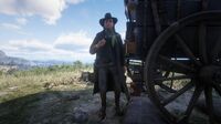 An O'Driscoll smoking near a wagon in camp in Cumberland Forest