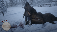 John Marston skinning a Grizzly near Cairn Lake