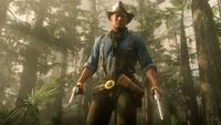 Arthur Morgan with two Cattleman Revolvers, in the swamp of Bayou Nwa.