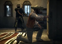 Marston, in The Legend of the West outfit and a Bandana, forces a man to open the safe.