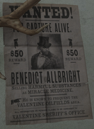 Benedict Allbright's bounty poster with him in a different coat. Also note his location being listed as the Valentine Oilfields.