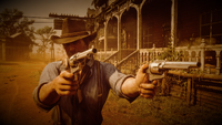 Closeup of Arthur dual wielding Cattleman Revolvers in Dead Eye mode.