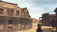 Armadillo town in early trailers, showing the saloon and hotel