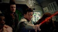 Rimmer shoots a laser out at the flagship of the Cat Fleet