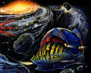 Artwork for Red Dwarf Remastered. Note one of the Cat Arks smashing into an asteroid.