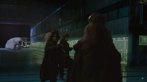 The shuttle (left) in the hangar bay of the  flagship