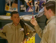 In the Red Dwarf sleeping quarters, Rimmer shows Lister he has found the sexual magnetism virus ("Back in the Red II")