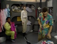Cat doing his laundry in Lister and Rimmer's bunkroom (Confidence and Paranoia)