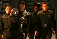 The Dwarfers pretend to be the "crew" of SS Trojan