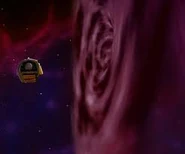 The terraforming-specialised escape pod Rimmer escapes the Simulant Battle Cruiser in, about to go down a wormhole ("Rimmerworld", Series VI)