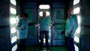 The gang covered in polymorph goo inside an elevator (Can of Worms, Series XI)