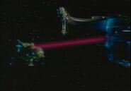Starbug fires laser cannons on a Simulant Battle Cruiser ("Gunmen of the Apocalypse")