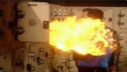 Rimmer gets blasted with fire in the Red Dwarf locker room