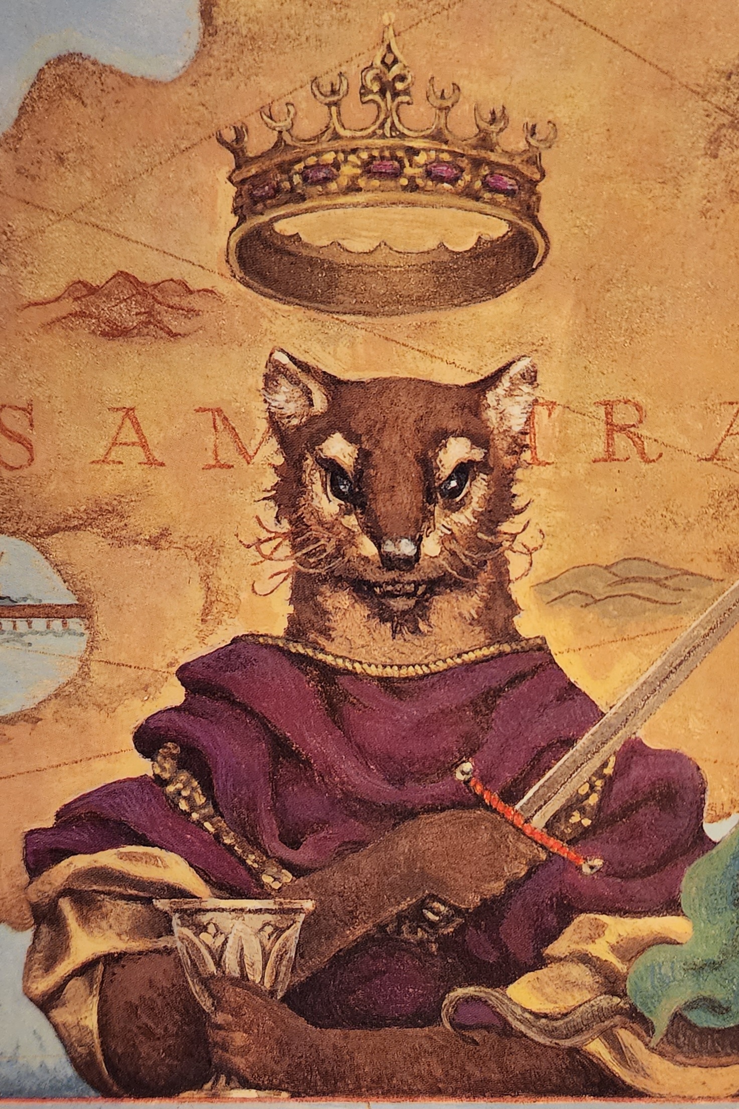 Painting of a rat king wearing a crown and robes