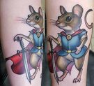 Shanti's warrior mouse Redwall tattoo; artwork by Dark Age Tattoo Studio, Denton, TX.