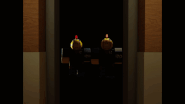 The two Helperbot NPCs slowly walk up to PartyNoob, Until they're picked up and blow up.