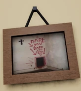 A painting showing a small corridor with graffiti reading "DARE YOU DARE YOU DOUBLE DARE U."