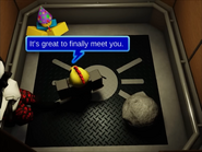 NULL in the middle of the elevator while Folly and PartyNoob look at it.
