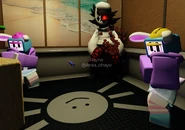 Two Melanies wearing Mark's hat, and cowering from Folly.