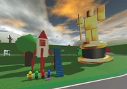 A rocket ship with Sheppard, Glenn, Leo, and Allen standing in front of it. There is a large bloxy statue floating to the right of it.