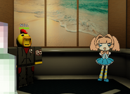 NULL and STAT in the Elevator. To the left, an inverted version of Melanie is pixelated