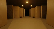 A tall room with three long, dark hallways.