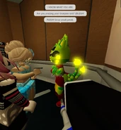 The player wrongly holding the Spray Bottle, possibly due to a bug with its animation, and pointing it to Gnarpy.