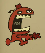 Reddy wearing a fez and running with both arms forward while opening his jaw. (fishiistixx)
