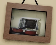 A painting depicting an elephant reaching through a window.