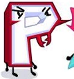 Pest's appearance in the BFDI collaboration, represented as a blocky white "P" with red spikes and red mandibles.