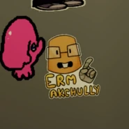 Lampert wearing glasses and buck teeth while pointing upward captioned "ERM AKCHULLY" (ethel_stuff)