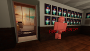 Ditto, But Reddy is stuck against the paintings in the kitchen of Reddy's Underground Diner.