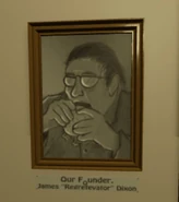 JamesDixonShopPainting.jpeg (23 KB) James "Regretevator" Dixon's depiction in the Lobby next to the gift shop, the painting is in grayscale, and he is eating a burger.